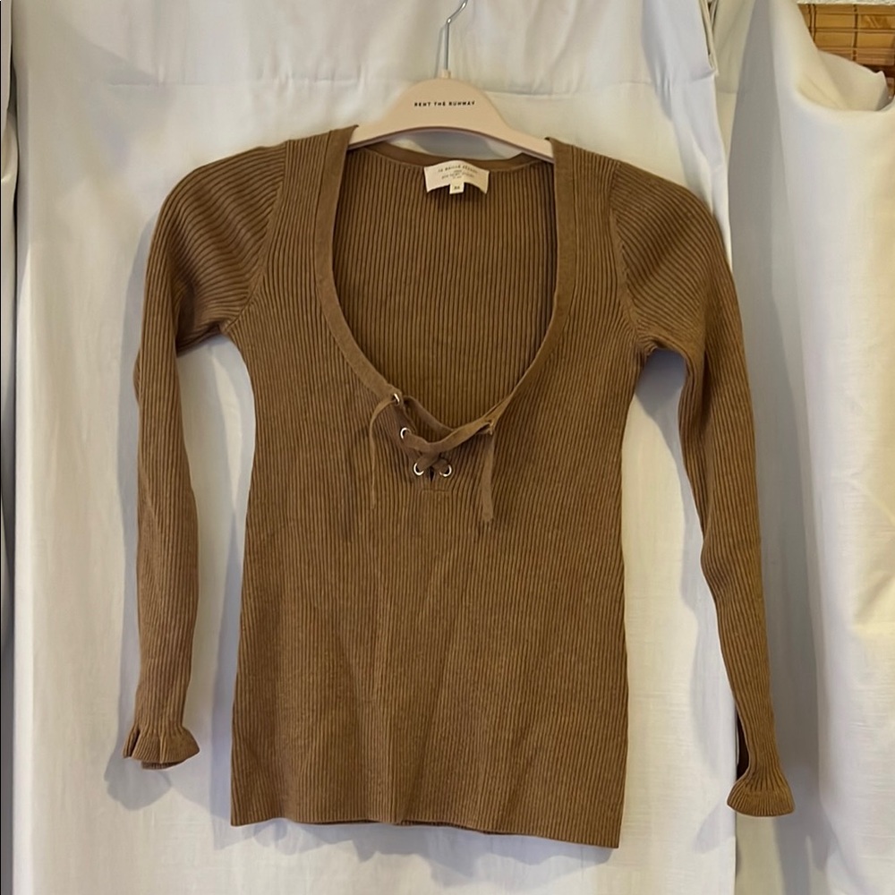 Sézane Brown Ribbed Long Sleeve Top